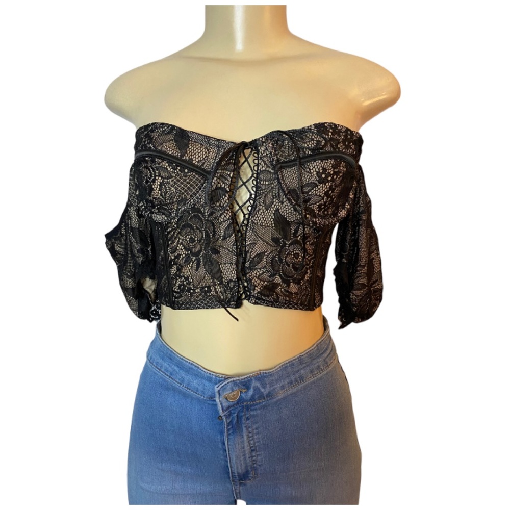 Lace Black Trim Crop Top Off The Shoulder